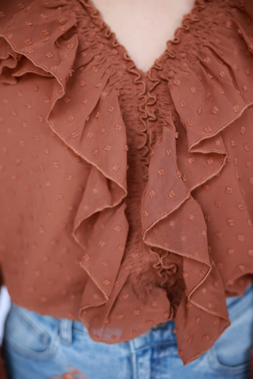 TH77 Brown Dobby Dot Ruffle Blouse 4