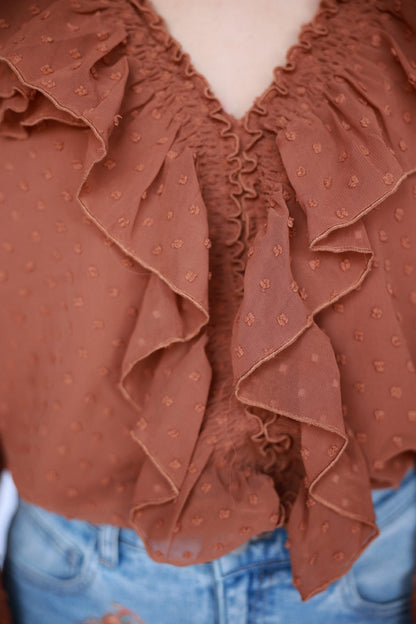 TH77 Brown Dobby Dot Ruffle Blouse 4