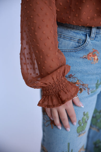 TH77 Brown Dobby Dot Ruffle Blouse 5