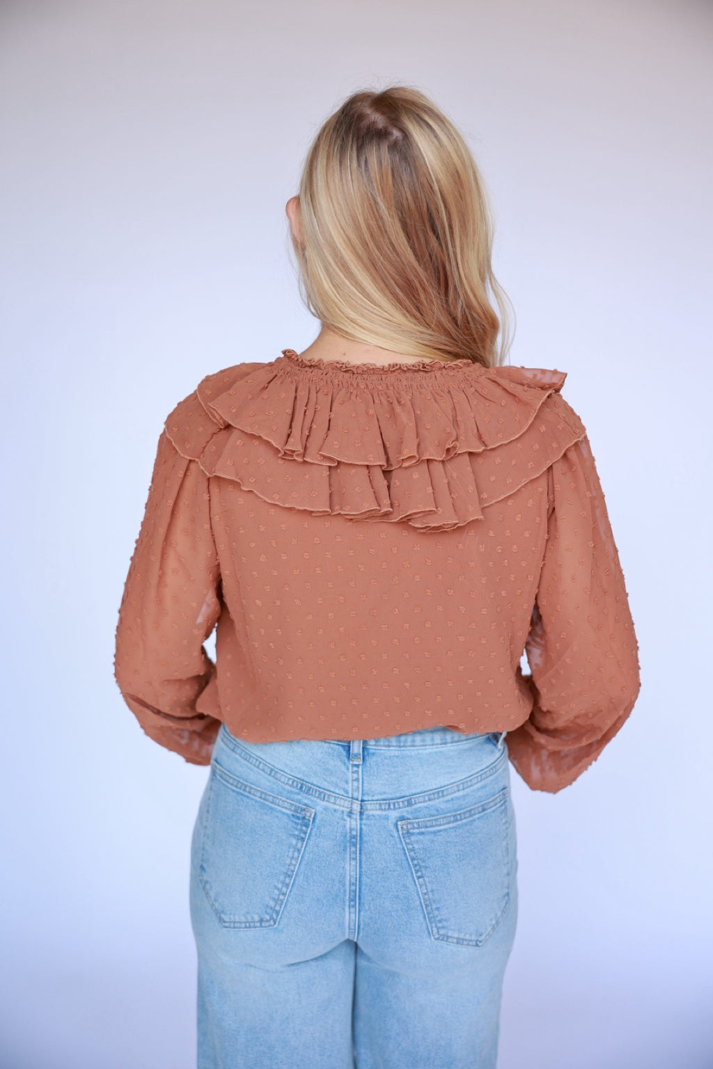 TH77 Brown Dobby Dot Ruffle Blouse 6