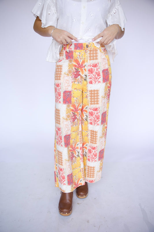 TH8001 Yellow Floral Patchwork Pant focused front