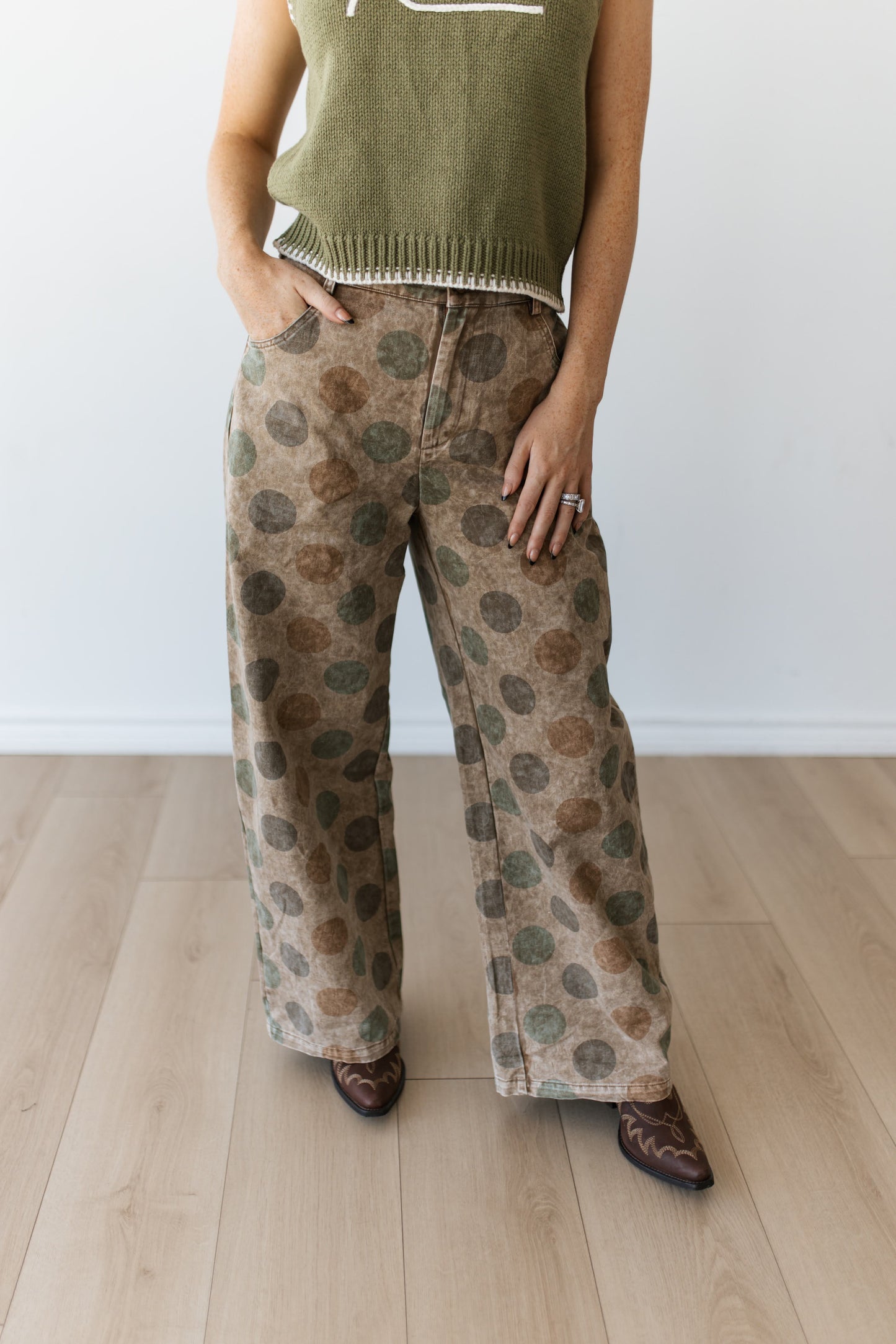 TH61 VINTAGE OLIVE  POKA DOT WIDE LEGGED BARREL PANT (7 PIECE)