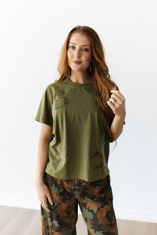 TH1401 OLIVE GREEN COWFIRM EMBROIDERY TEE (7 PIECE)