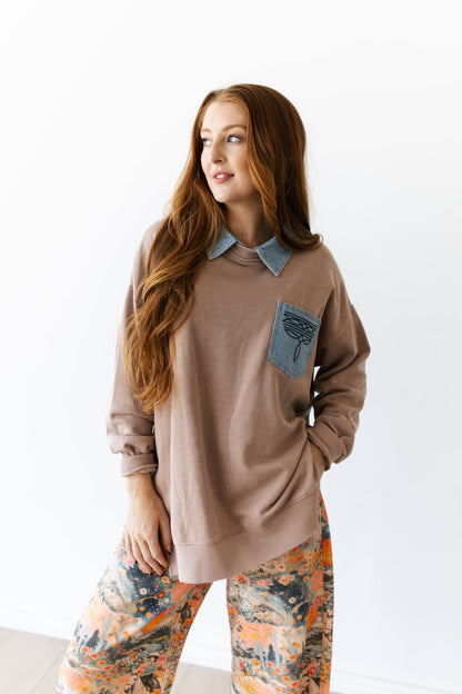 TH2606 TAN STICH DENIM COLLAR SWEATSHIRT (7 PIECE)