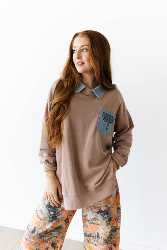 TH2606 TAN STICH DENIM COLLAR SWEATSHIRT (7 PIECE)