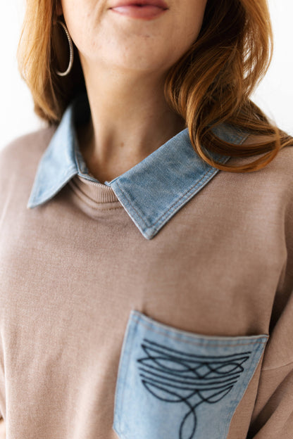 TH2606 TAN STICH DENIM COLLAR SWEATSHIRT (7 PIECE)