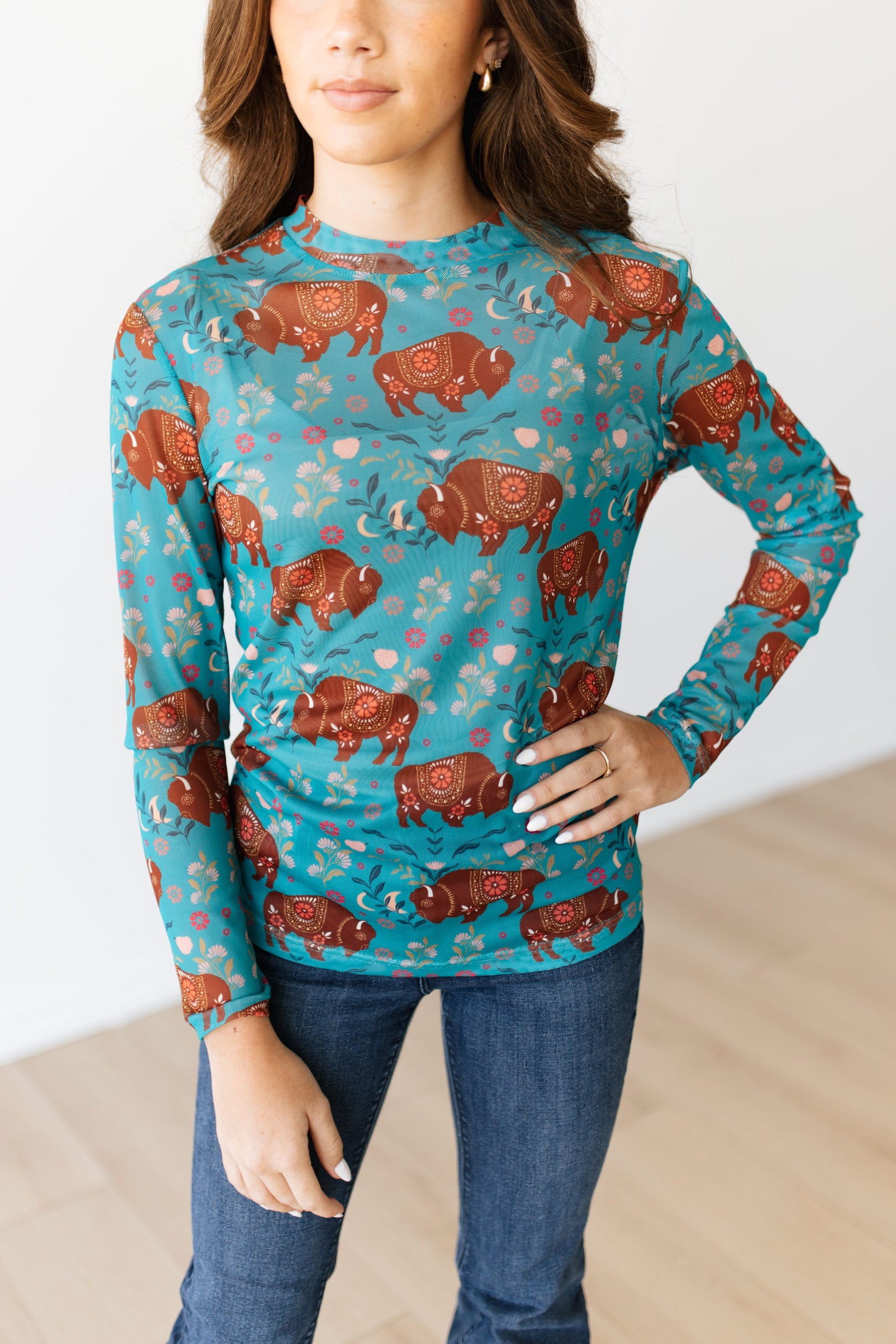 TH1221 TEAL BISON FLORAL MESH TOP (7 PIECE)