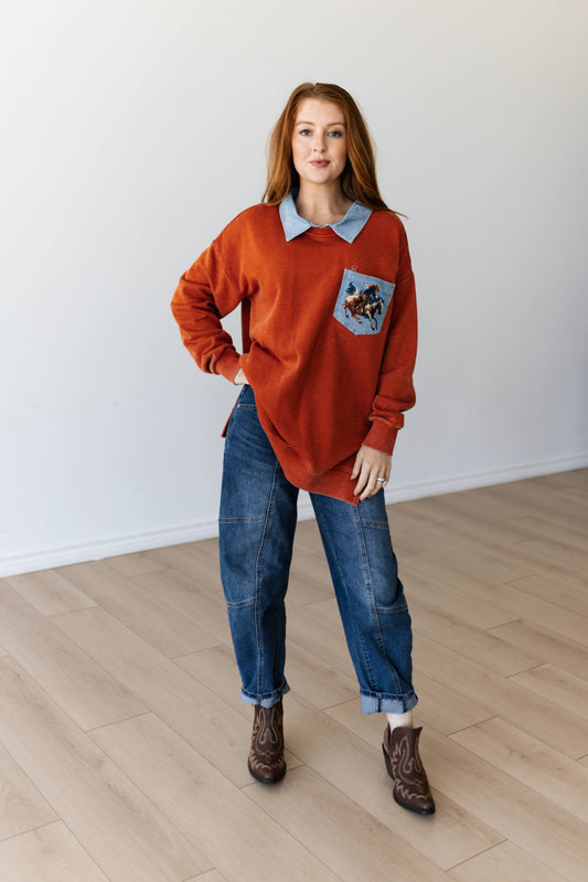 TH2606 RUST COWBOY  DENIM COLLAR SWEATSHIRT (7 PIECE)