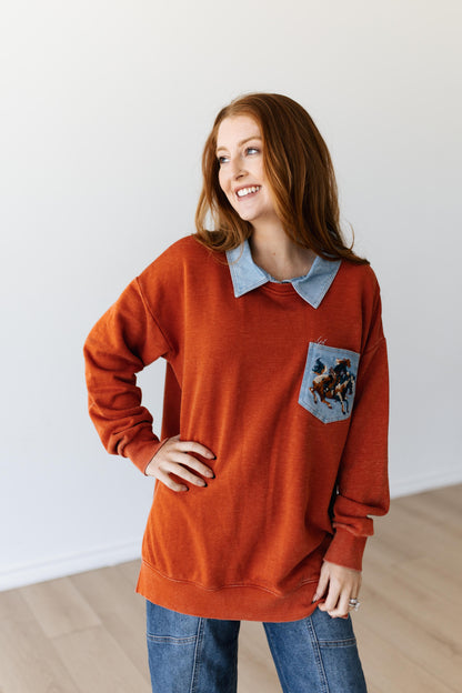 TH2606 RUST COWBOY  DENIM COLLAR SWEATSHIRT (7 PIECE)