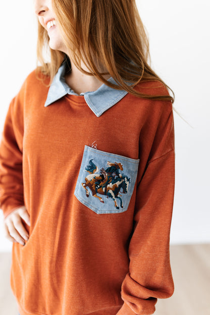 TH2606 RUST COWBOY  DENIM COLLAR SWEATSHIRT (7 PIECE)