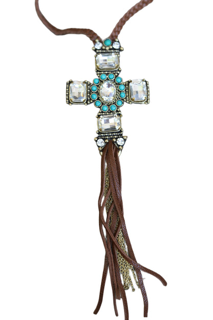 1141 S5 CRYSTAL LARGE CROSS ON BRAIDED NECKLACE