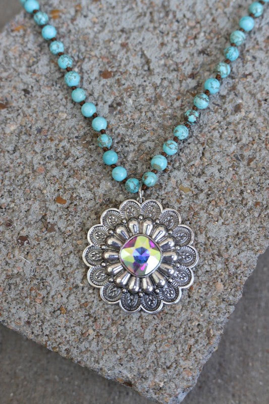 7268 HH201 Turquoise Bead Necklace with Ornate Crystal Medallion