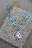 7268 HH201 Turquoise Bead Necklace with Ornate Crystal Medallion