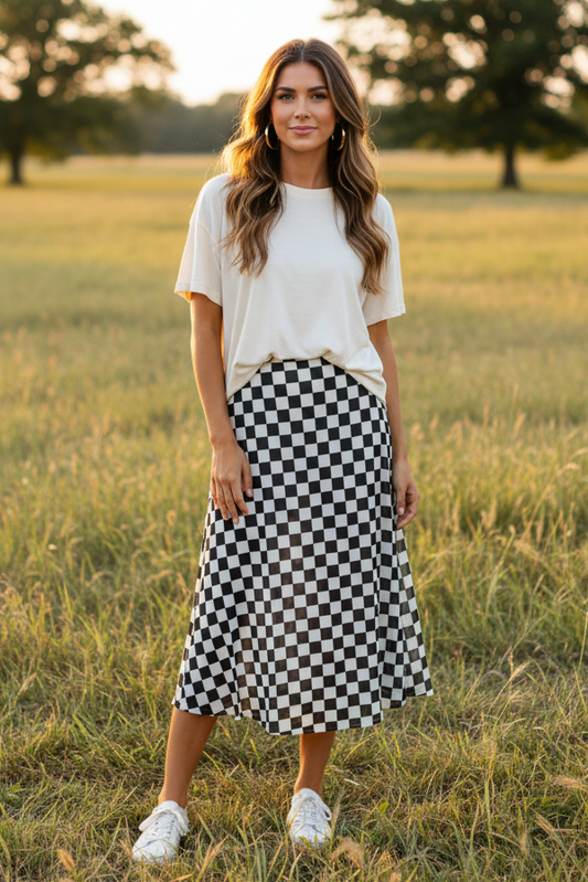 VR401 BLACK WHITE CHECKER DOT MESH MAXI SKIRT (7 Piece)