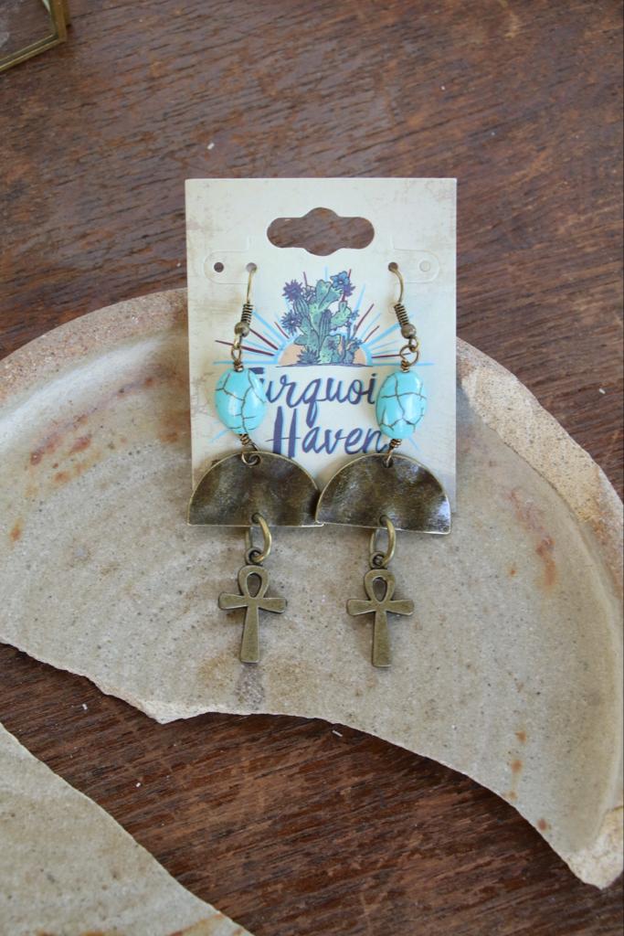 122178 R3-96 ANTIQUE GOLD CROSS AND TURQUOISE ER