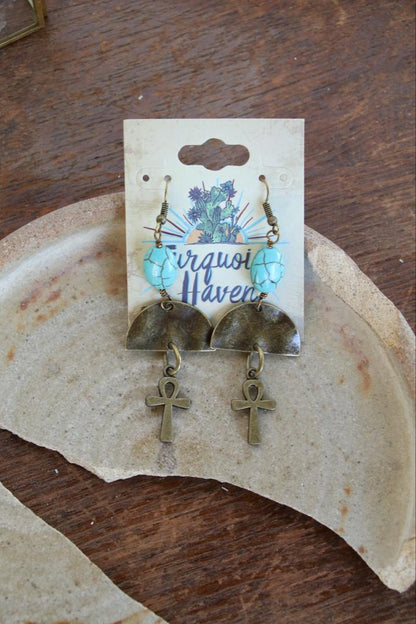 122178 R3-96 ANTIQUE GOLD CROSS AND TURQUOISE ER