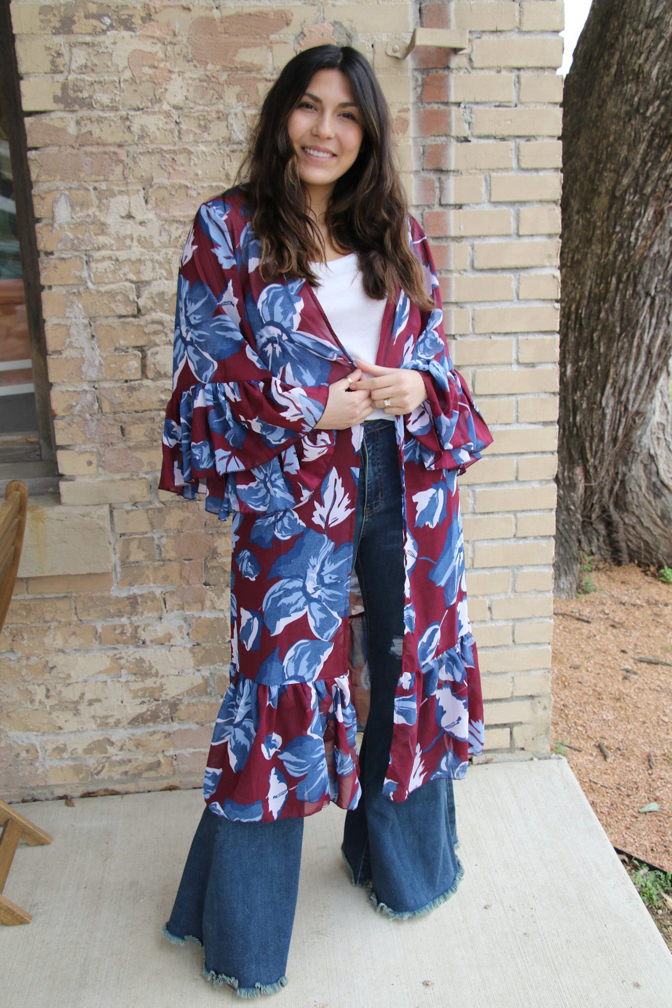 6174  Navy Plum Floral Ruffle Sleeve Kimono (SINGLES)