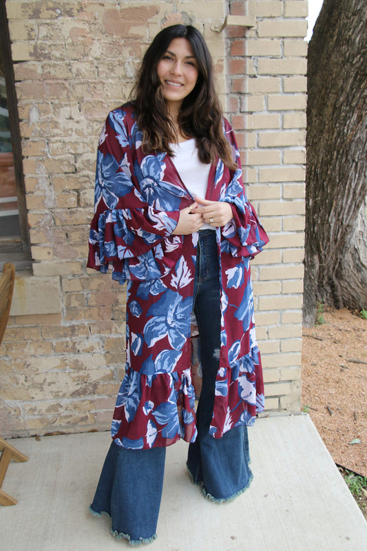 6174  Navy Plum Floral Ruffle Sleeve Kimono (SINGLES)