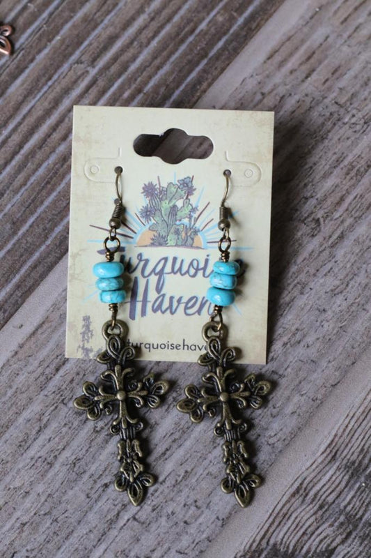 32057 R1-37 Turquoise and Antique Gold Cross Earring