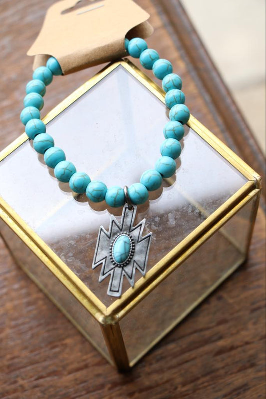 32211 B56 SILV STRETCH BR W/SILVER AND TURQ CHARM