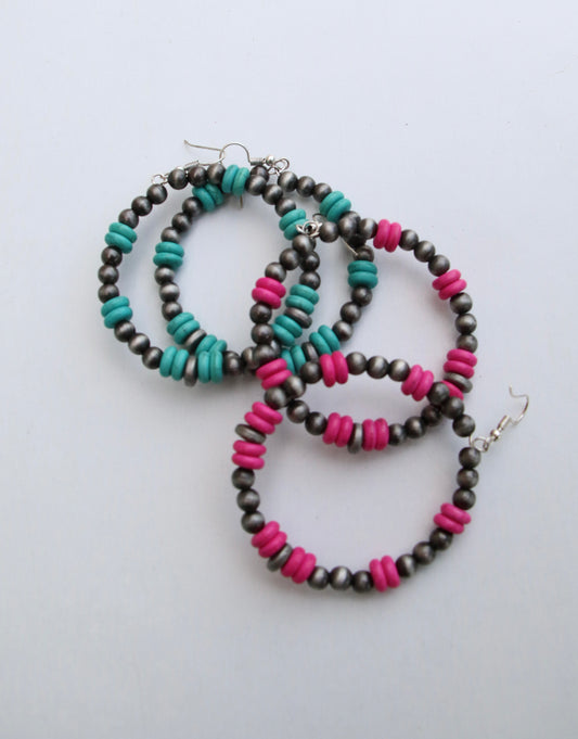 0004 R4-39 TURQ & SILVER BEAD HOOP ER