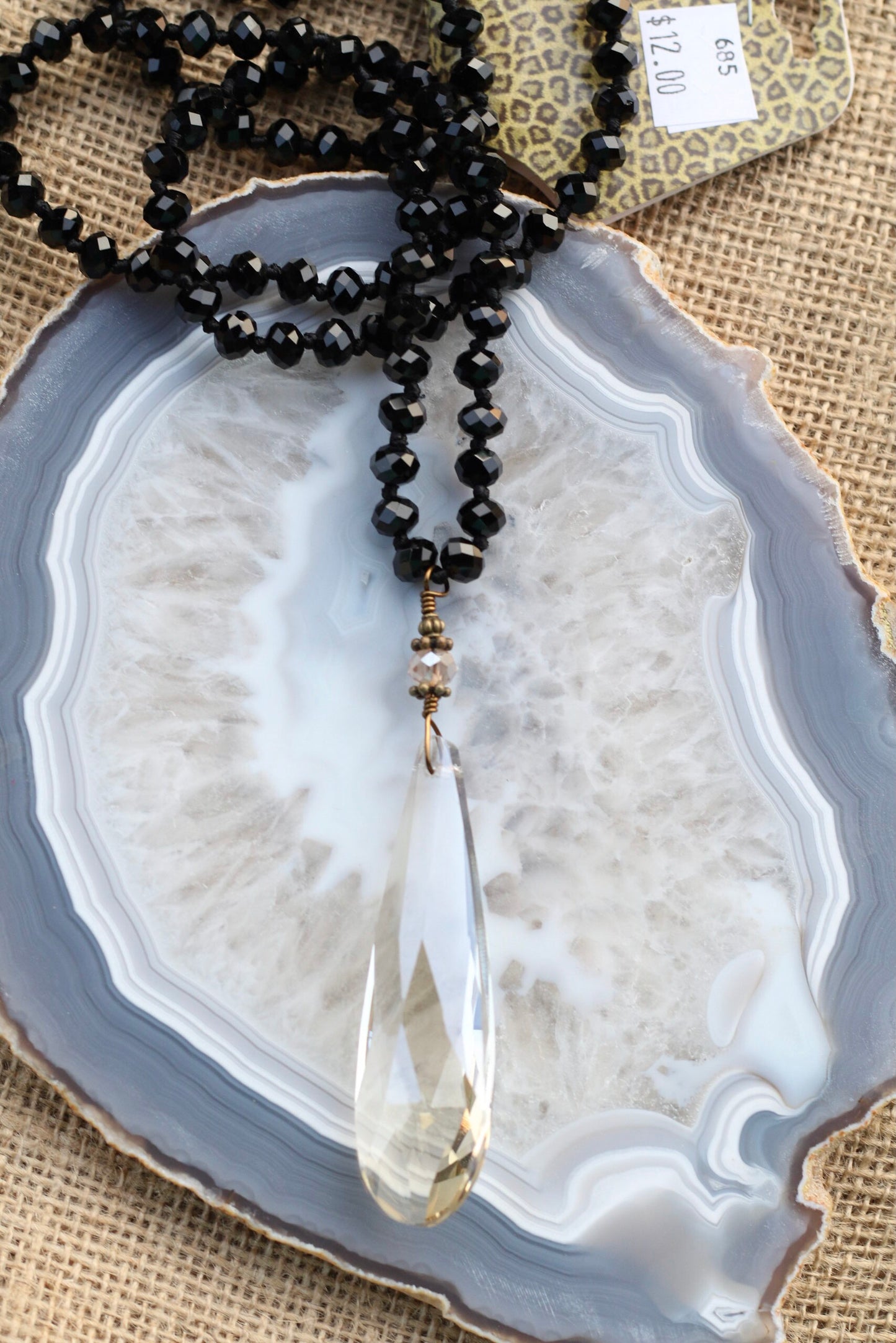 685 N1-12 Black Crystal Beaded NL w/ Crystal Oblong Drop