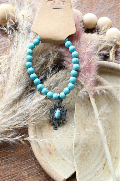 32211 B56 SILV STRETCH BR W/SILVER AND TURQ CHARM